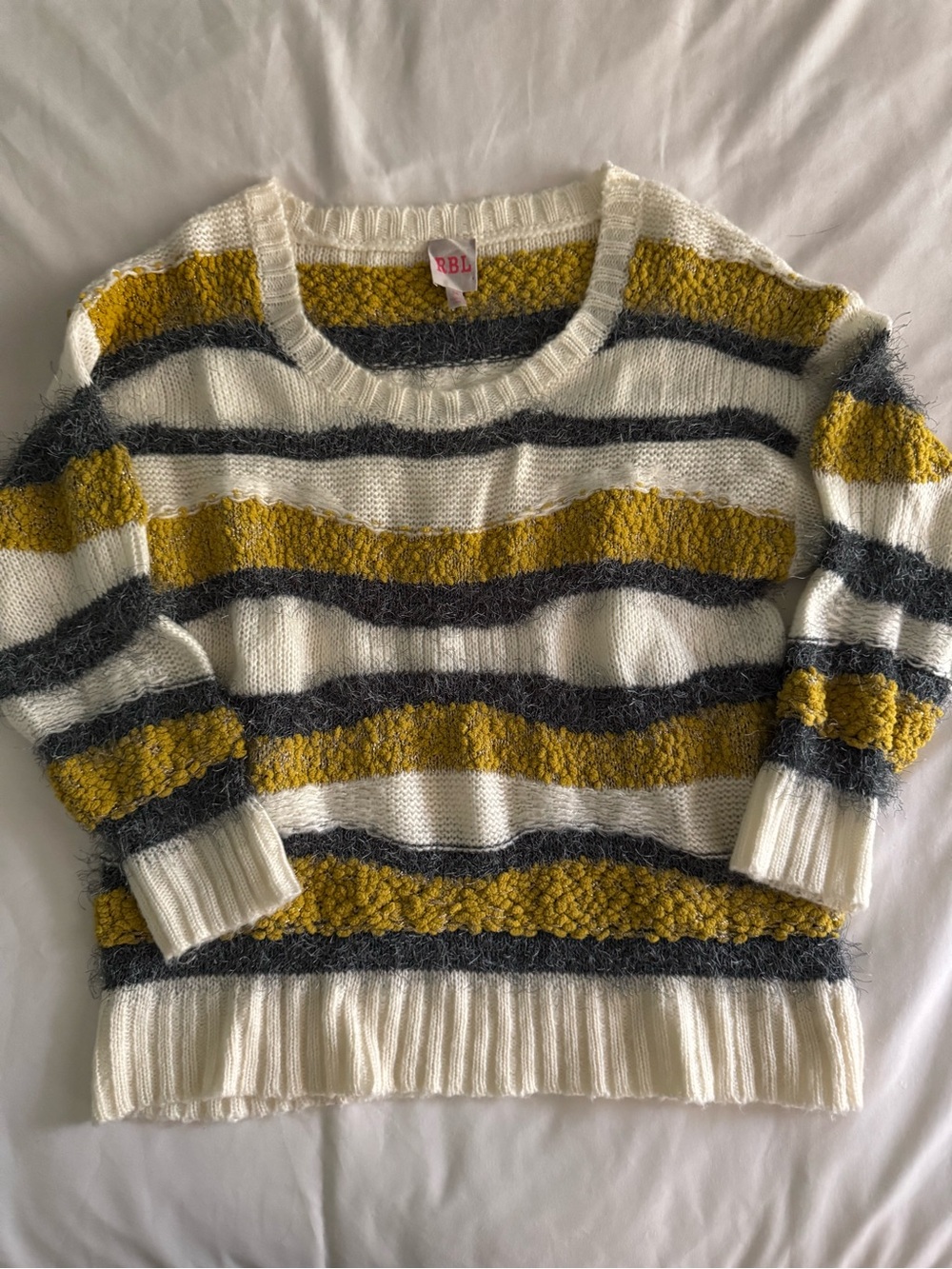 RBL Striped Crewneck Sweater in White, Mustard & Charcoal